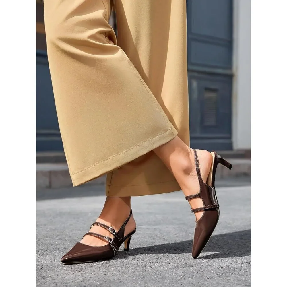Women's Slingbak Ktiten Pumpe Closed  Pointed Toe Heels Wedding Dress Shoe Brown